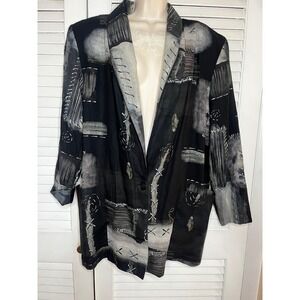 Kensington Square Vintage Abstract Art Print Blazer Black Grey White Size 3X USA